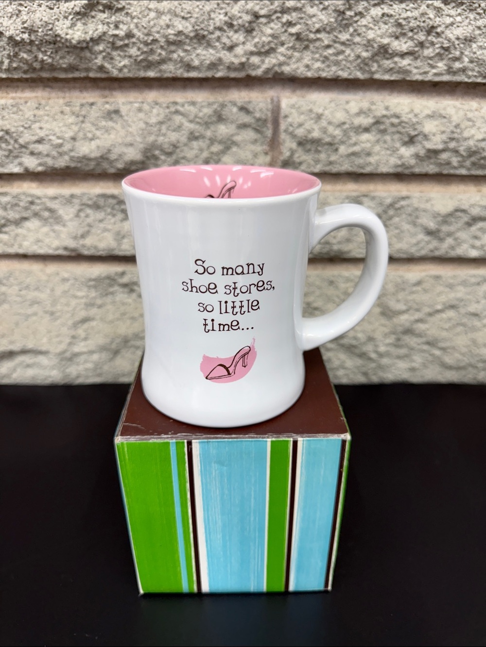 White and Pink Ceramic 'So Many Shoe Stores' Coffee Mug